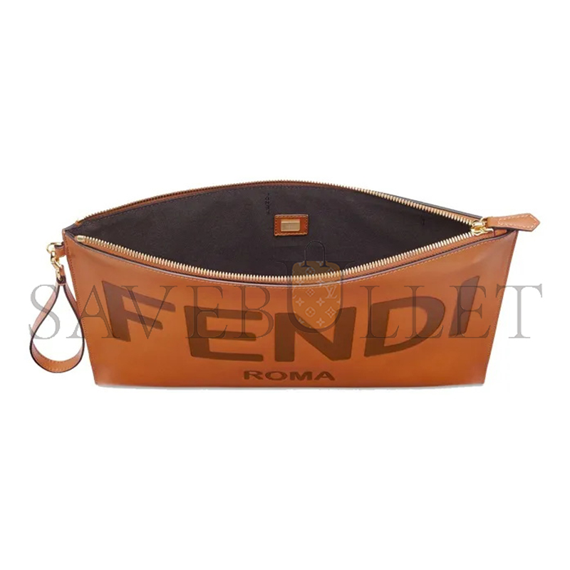 FENDI VITELLO KING LOGO EMBOSSED LARGE FLAT POUCH CUOIO 8N0178AC9LF0QVK (35*23*1cm)